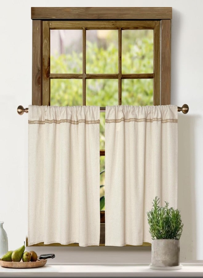 Oindec Cotton Linen Kitchen Curtains for Windows with Burlap Lace Trim Rustic Farmhouse 24 inch Rod Pocket Neutral Short Curtain Window Treatment Tiers,Set of 2 - Image 1